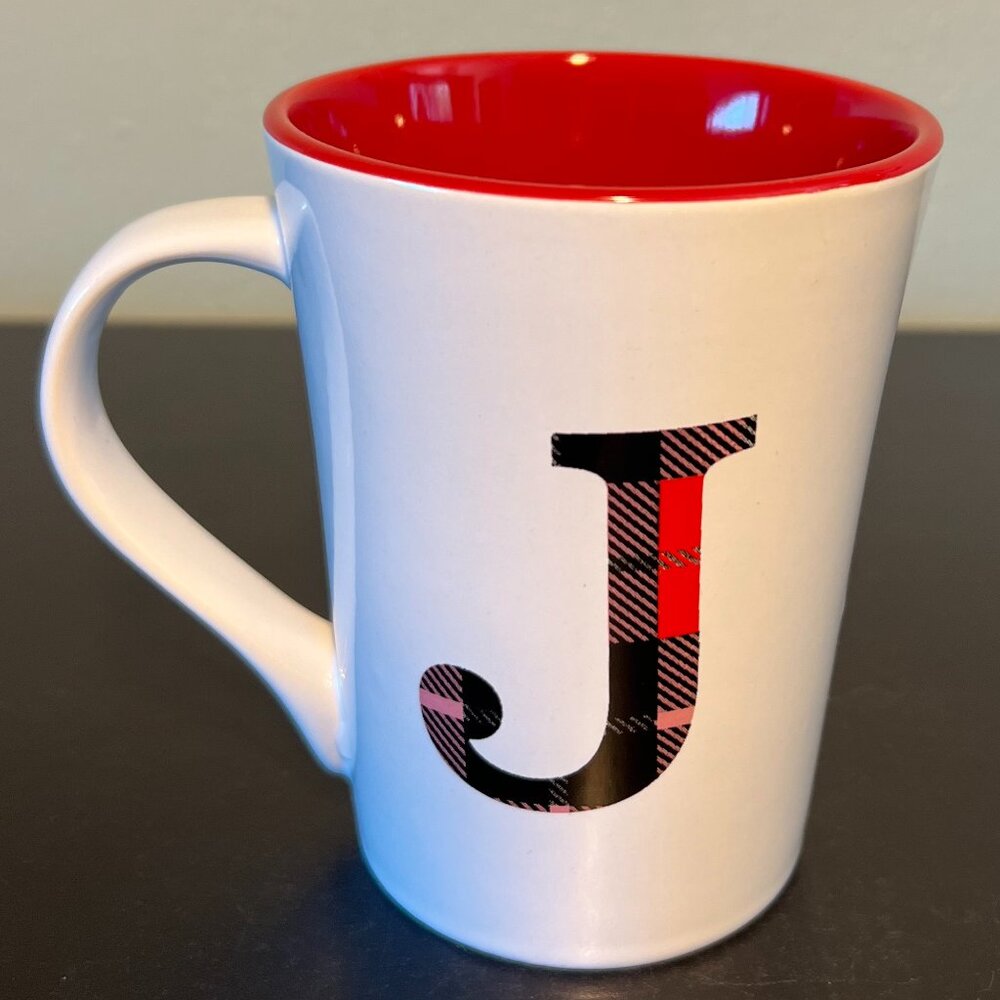 SIGNATURE Red Scottish Tartan Plaid Monogram Letter J Initial Stoneware Mug Cup